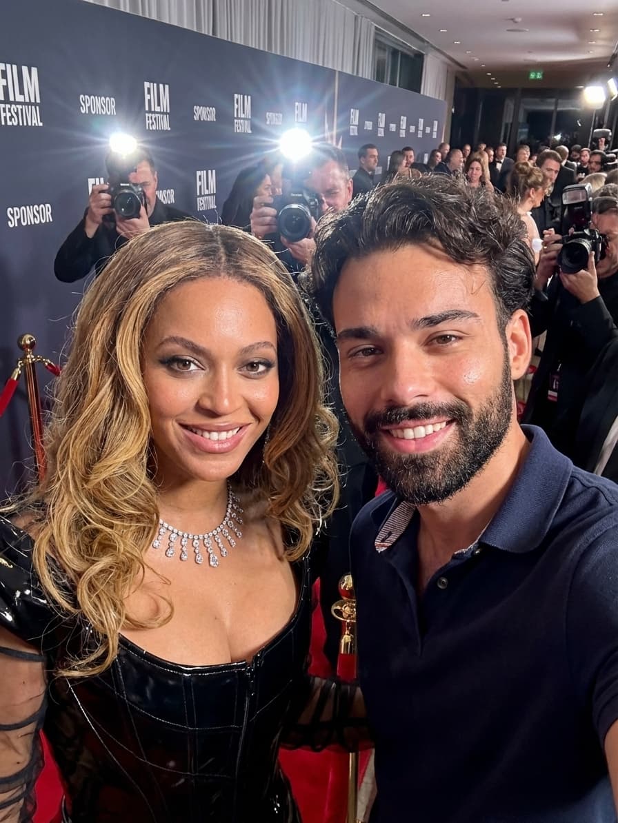 Selfie gerada por IA com Beyoncé no cenário Red Carpet