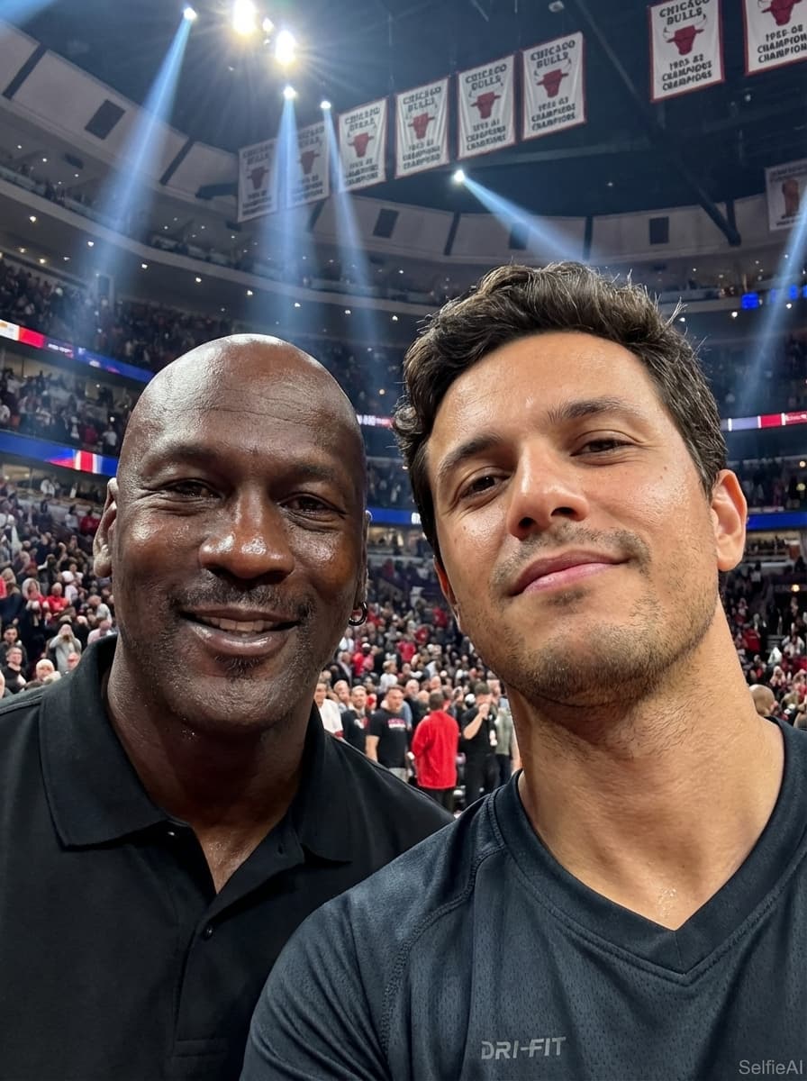 Selfie gerada por IA com Michael Jordan no cenário Arena Esportiva
